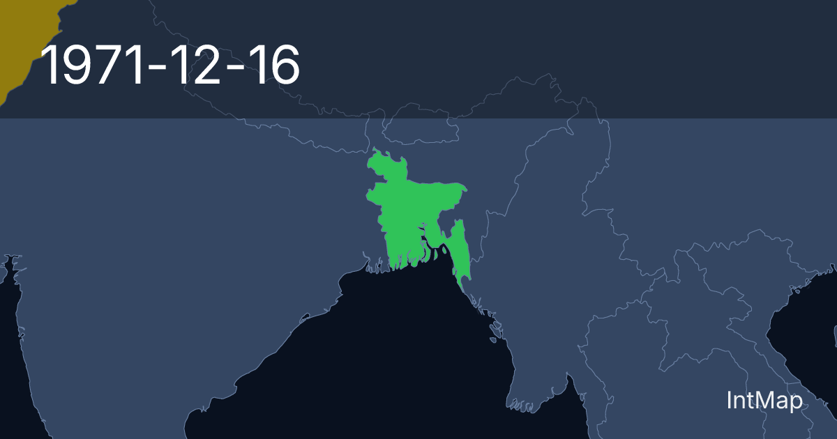 The map on 1971-12-16: The map begins drawing Bangladesh; new borders for Pakistan (incl. East Pakistan)