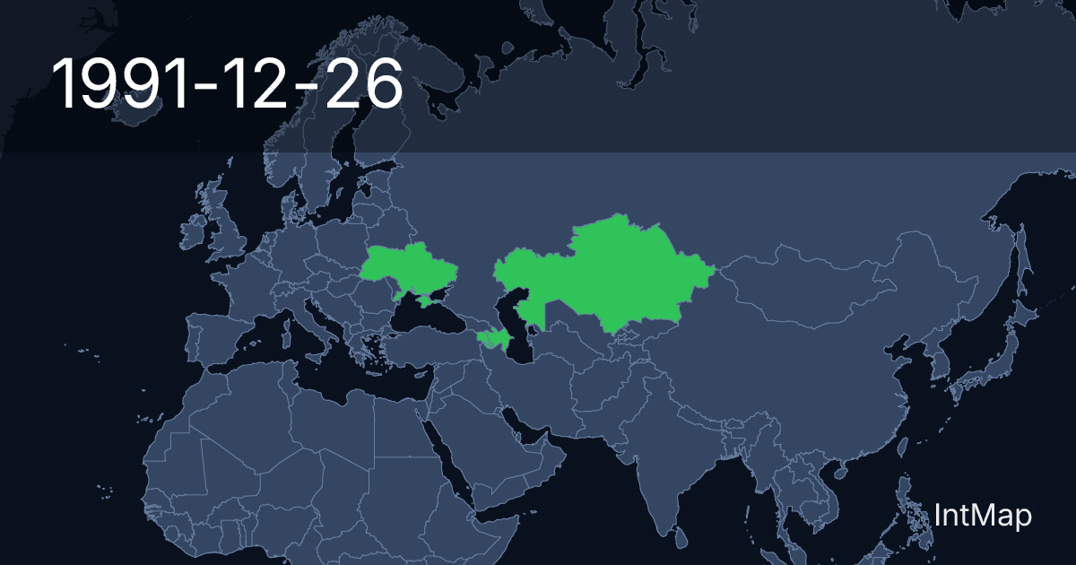 The map on 1991-12-26: The map begins drawing Kazakhstan, Ukraine, Azerbaijan and 1 more
